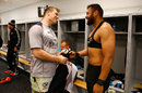 Patrick Tuipulotu of the All Blacks (R) exchanges jerseys with Hayden Smith of the USA Eagles (L)
