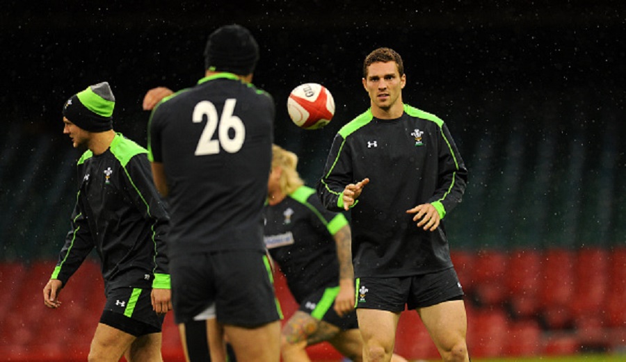 George North receives a pass during Wales training