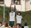 South Africa's Eben Etzebeth and Victor Matfield contest for the lineout in training