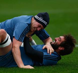All Blacks Sam Whitelock and Brodie Retallick get to know each other in training, London, November 7, 2014