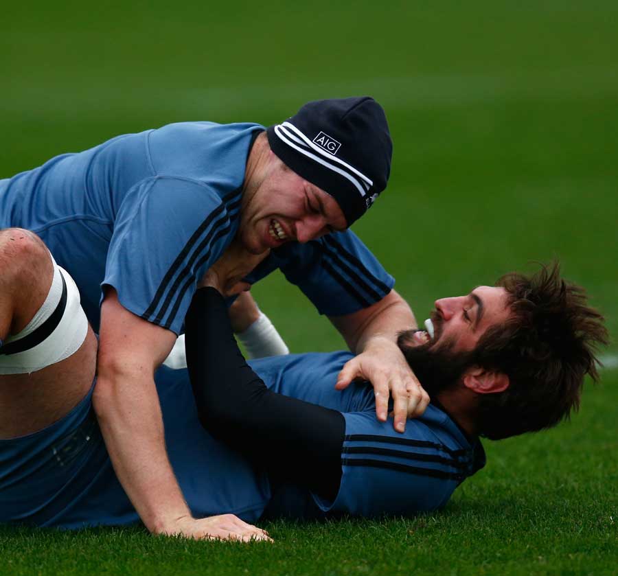 All Blacks Sam Whitelock and Brodie Retallick get to know each other in training
