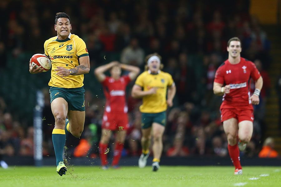 Israel Folau sprints clear for a length-of-the-field intercept try