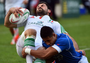 Andrea Masi is tackled by Kahn Fotuali'i, Italy v Samoa, Stadio Del Duca, Ascoli Piceno, November 8, 2014