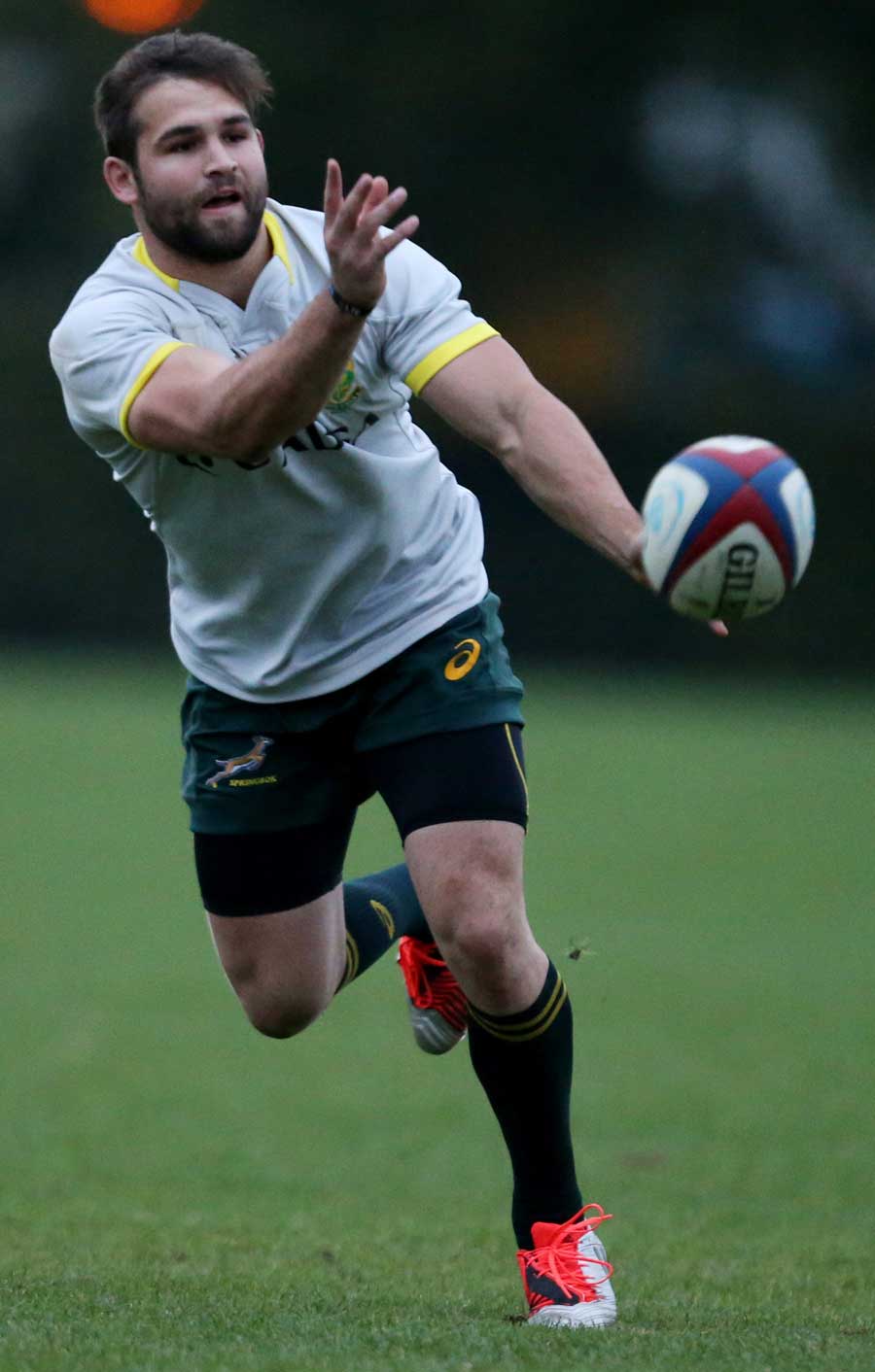 South Africa's Cobus Reinach spins the ball out in training