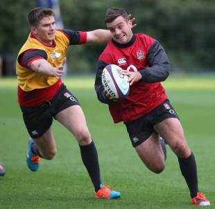 George Ford dodges past Owen Farrell in England training, Pennyhill Park, November 18, 2014