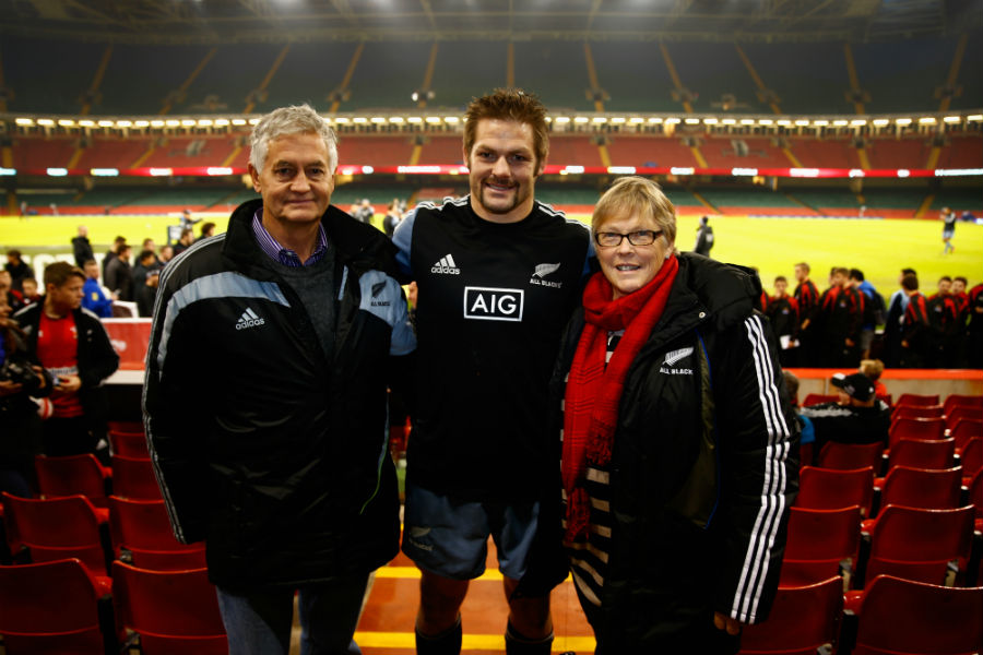 New Zealand captain Richie McCaw poses with his parents at the Millennium Stadium ahead of his 100th Test leading the All Blacks