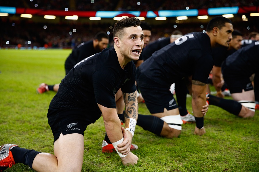 A wild-eyed TJ Perenara performs the haka in Cardiff