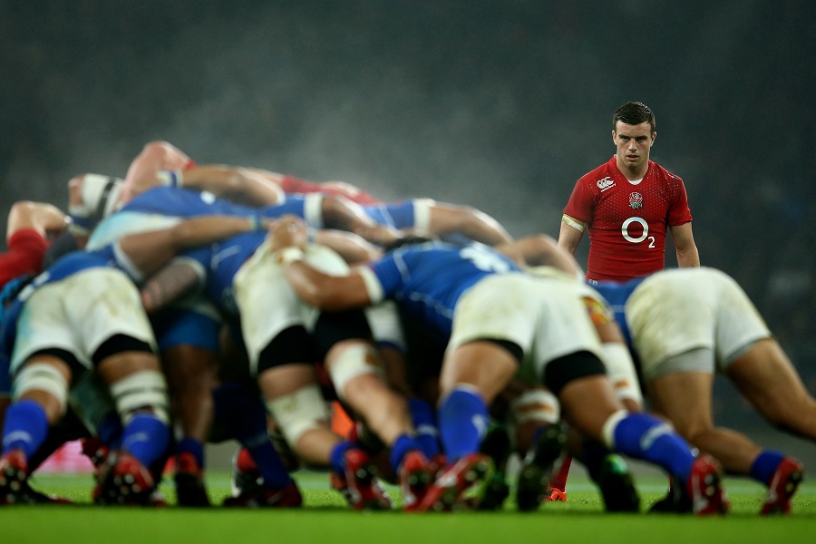 George Ford waits as the English and Samoan forwards do battle in the scrum