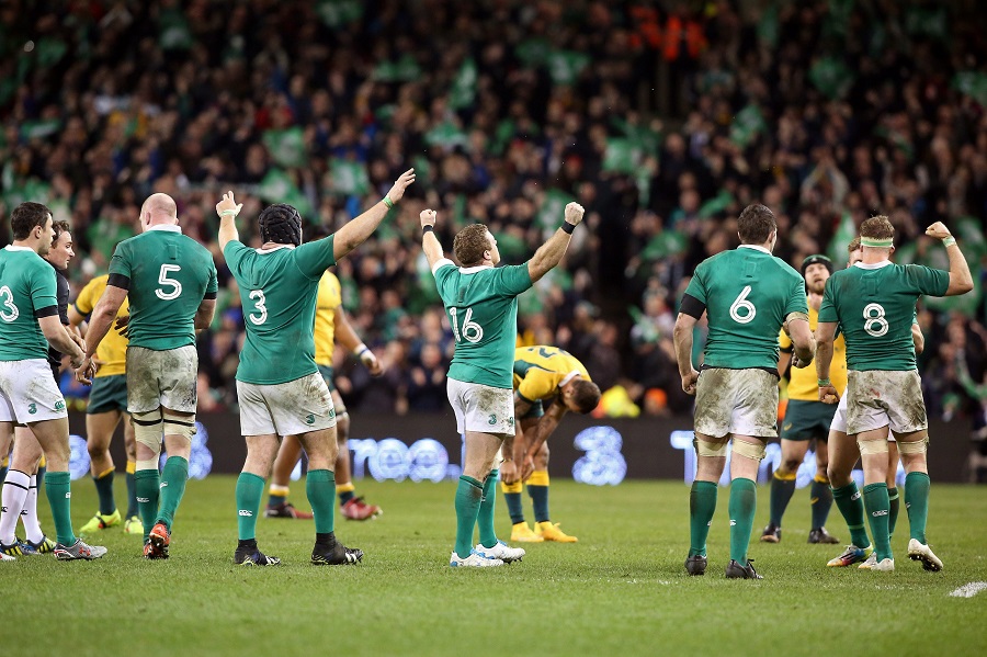 Ireland players celebrate their win over Australia