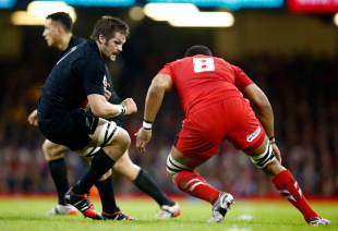 New Zealand's Richie McCaw prepares for the hit from Taulupe Faletau, Wales v New Zealand, Millennium Stadium, Cardiff, November 22, 2014