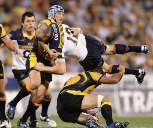 The Brumbies' Stirling Mortlock is tackled by the Western Force's Matt Giteau and Matt Hodgson, Brumbies v Western Force, Super 14, Canberra Stadium, Canberra, Australia, February 28, 2009