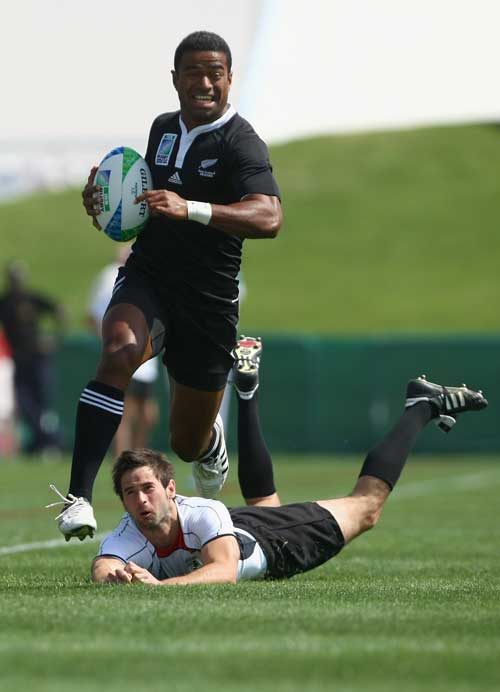 New Zealand's Viliame Waqaseduadua skips a tackle to score a try