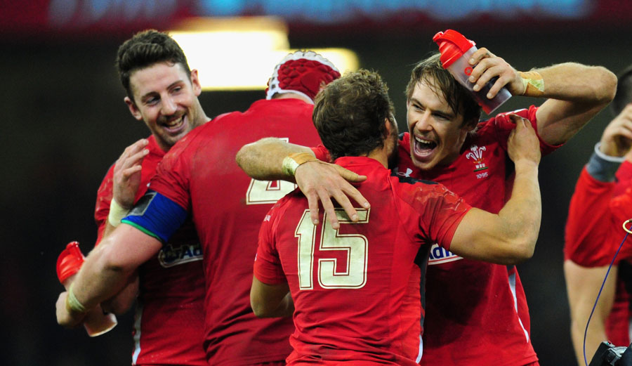 Leigh Halfpenny (back) and Liam Williams celebrate