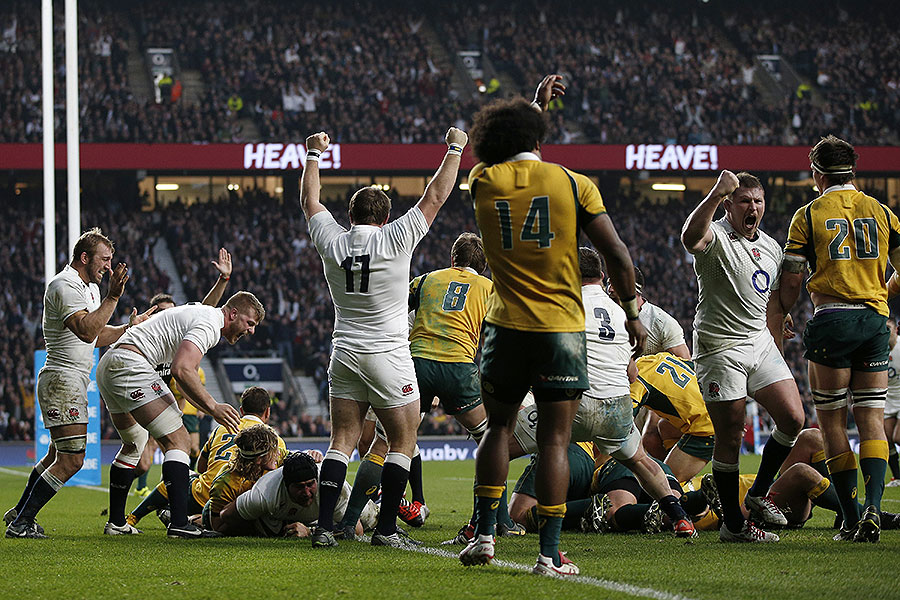 England's forwards celebrate a powerful scrum try