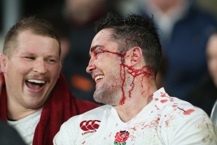 A bloodied and bruised Brad Barritt shares a joke with Dylan Hartley, England v Australia, Autumn International, Twickenham Stadium, London, November 29, 2014
