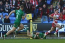 Gloucester's Henry Purdy sprints away to score the first try of the match