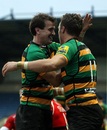 Lee Dickson and James Wilson celebrate the latter's try for Northampton