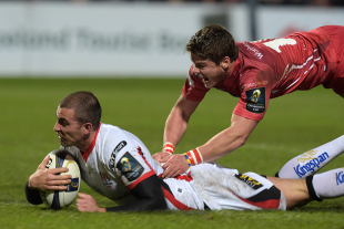 Ruan Pienaar evades Harry Robinson's tackle to go over, Ulster Rugby v Scarlets, European Rugby Champions Cup, Kingspan Stadium, Belfast, Northern Ireland, December 6, 2014