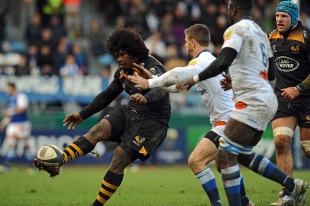 Wasps flanker Ashley Johnson puts boot to ball, Castres v Wasps, European Rugby Champions Cup, Stade Pierre-Antoine, France, December 7, 2014