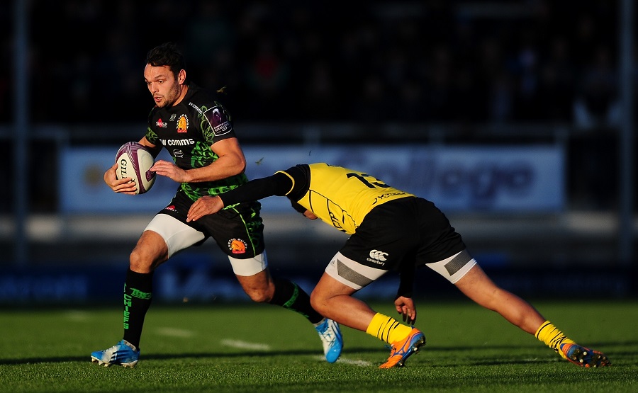 Exeter's Phil Dollman is tackled by La Rochelle's Alofa Alofa