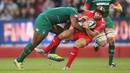 Toulon's Leigh Halfpenny is floored by Niki Goneva