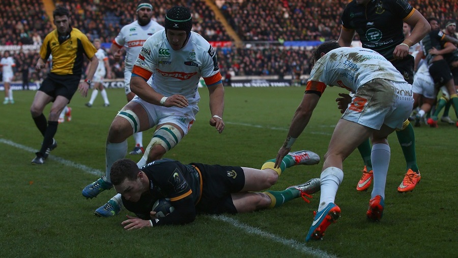 George North crashes over for Northampton's second try, Northampton Saints v Treviso, European Champions Cup, Franklin's Gardens, Northampton, December 13, 2014