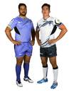 Pek Cowan and Luke Burton model the new Western Force playing kit for the 2015 Super Rugby season