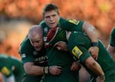 Leicester's front row Dan Cole, Tom Youngs and Marcos Ayerza pack down