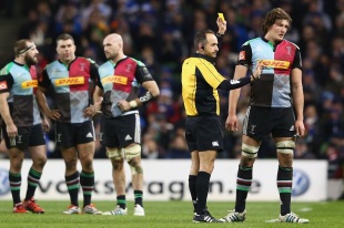 Referee Romain Poite shows Charlie Matthews a yellow card, Leinster Rugby v Harlequins, European Rugby Champions Cup, Aviva Stadium, Dublin, December 13, 2014