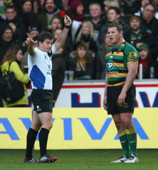 Dylan Hartley is shown a red card, Northampton Saints v Leicester Tigers, Aviva Premiership,  Franklin's Gardens, Northampton, December 20, 2014