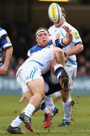 Henry Thomas loses possession under a Sam Hill tackle, Bath Rugby v Exeter Chiefs, Aviva Premiership, the Recreation Ground, Bath, December 27, 2014