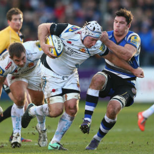 Thomas Waldrom is taken down by Francois Louw, Bath Rugby v Exeter Chiefs, Aviva Premiership, Recreation Ground, December 27, 2014
