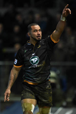 Northampton's Samu Manoa celebrates his second try, European Rugby Champions Cup, Franklins' Gardens, December 13, 2014