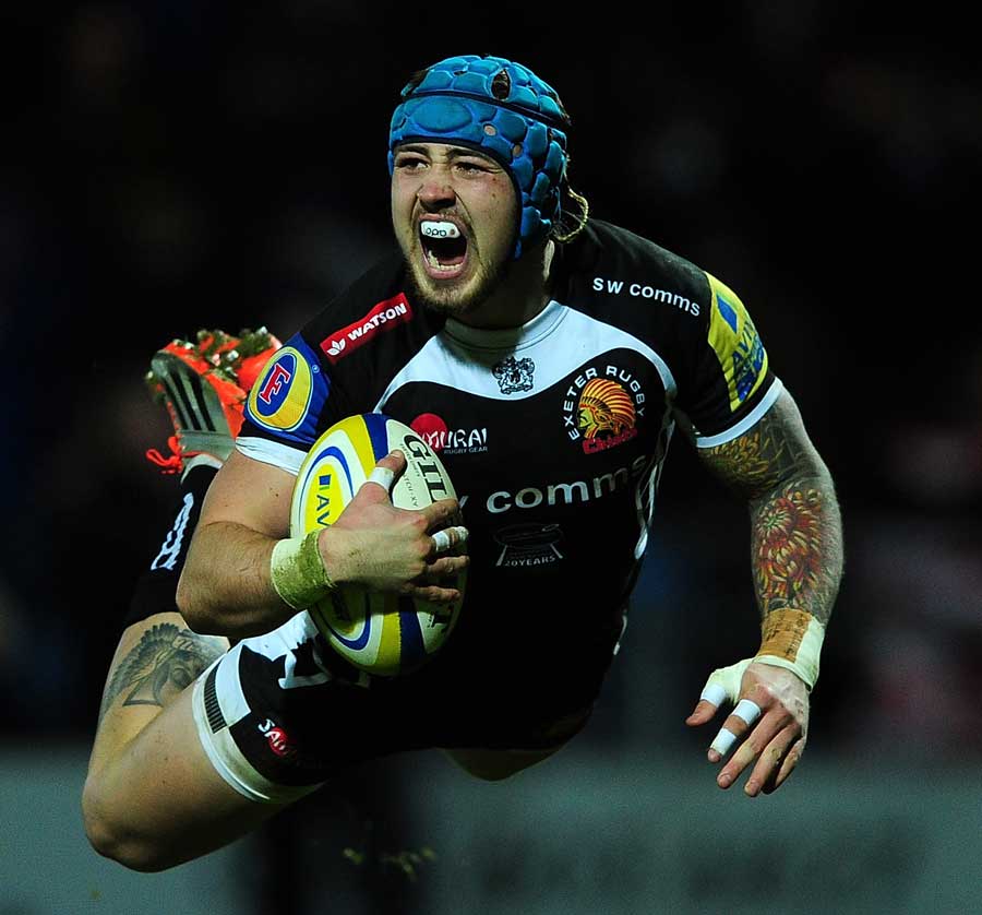 Exeter's Jack Nowell dives over the line