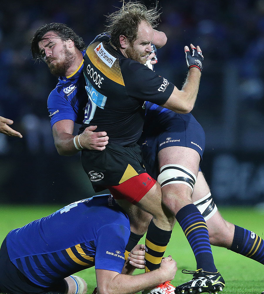 Kane Douglas comes over the top of Andy Goode, Leinster v Wasps, Dublin, October 19, 2014