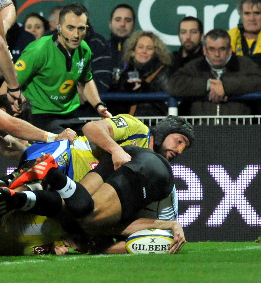 Marcel Butin emerges from a pile of bodies to score for Clermont against Brive