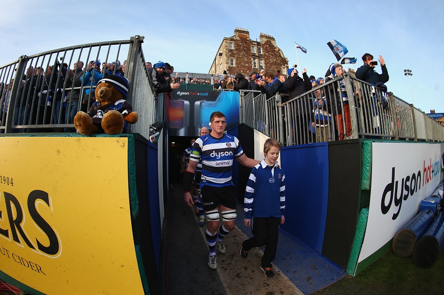 Bath skipper Stuart Hooper leads his side out before the game against Wasps at the Rec