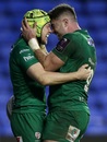 London Irish's Myles Dorrian celebrates with Eamon Sheridan after scoring the winning try against Grenoble