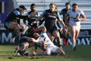 Lucas Dupont is tackled by Glasgow centre Pete Horne in a tangle of bodies, Glasgow v Montpellier, European Challenge Cup, Scotstoun, Glasgow, January 18, 2015