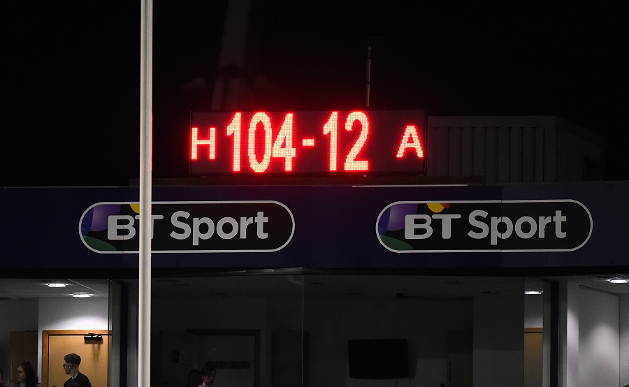 The scoreboard at Cardiff Arms Park shows the remarkable scoreline