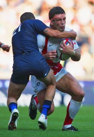 England's Joe Worsley is tackled by France's Frederic Michalak, England v France, Rugby World Cup warm-up match, Twickenham, England, August 11, 2007