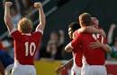 Wales celebrate qualifying for the Rugby World Cup Sevens Final