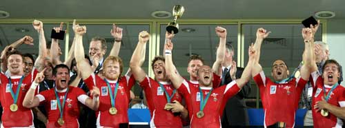 Wales celebrate winning the 2009 Rugby World Cup Sevens