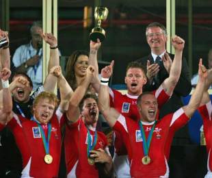 Wales celebrate winning the 2009 Rugby World Cup Sevens following their 19-12 victory over Argentina in the tournament finale, The Sevens Stadium, Dubai, UAE, March 7, 2009
