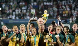 Australia's women celebrate winning the Rugby World Cup Sevens crown following a 15-10 victory over New Zealand in the tournament finale, The Sevens Stadium, Dubai, UAE, March 7, 2009