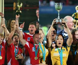 Wales' men and Australia's women celebrate success at the Rugby World Cup Sevens, The Sevens Stadium, Dubai, UAE, March 7, 2009