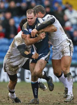 Sale's Charlie Hodgson is tackled by Newcastle's Tom May, Sale v Newcastle, Guinness Premiership, Edgeley Park, Stockport, England, March 8, 2009