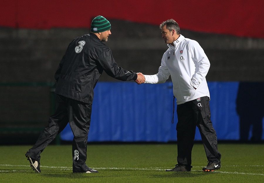 England Saxons and Irish Wolfhounds' coaches Jon Callard and Dan McFarland great each other ahead of the two teams' match in Cork