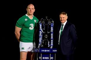 Paul O'Connell and Joe Schmidt pose with the Six Nations trophy, Hurlingham Club, London, January 28, 2015