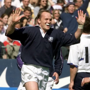 Gregor Townsend celebrates scoring a try, France v Scotland, Stade de France, April 10, 1999